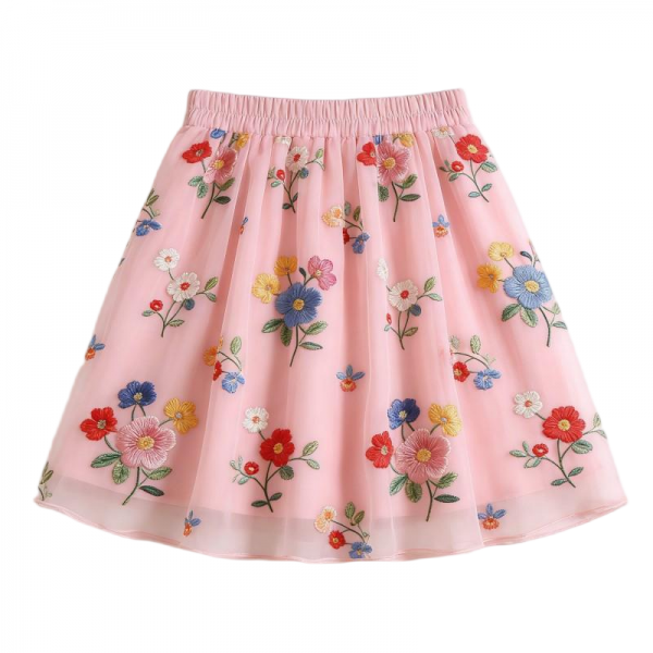Pink Tulle Mini Skirt with Colorful Floral Embroidery
