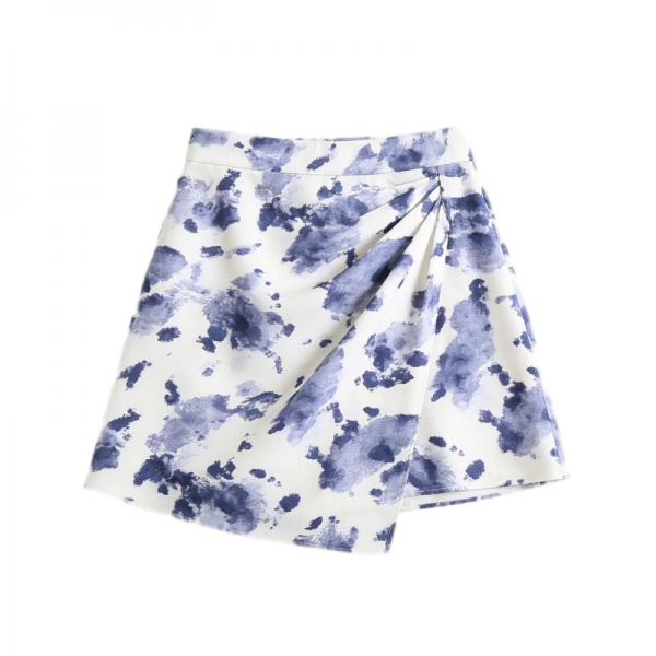 Blue & White Watercolor Print Asymmetrical Mini Skirt