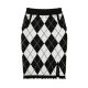 Black & White Argyle Knit Mini Skirt with Fringe Hem