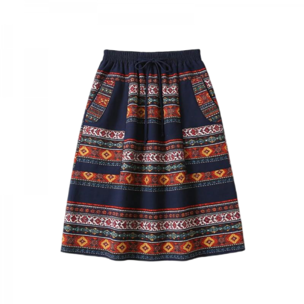 Navy Blue Midi Skirt with Tribal Striped Print