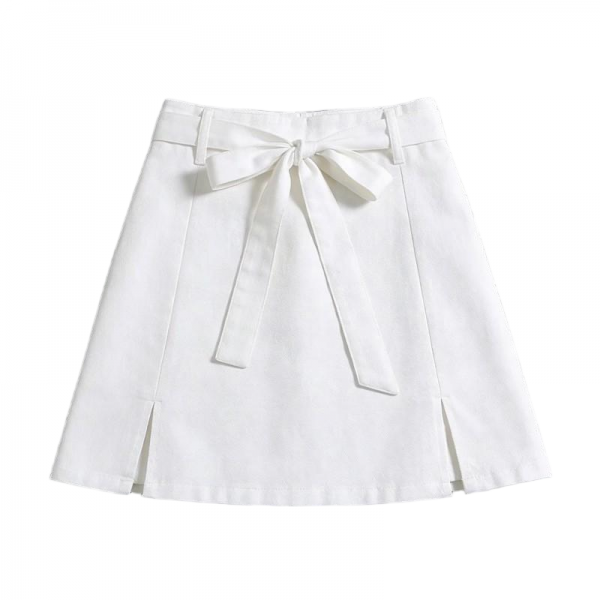 White Mini Skirt with Bow Tie & Side Slits
