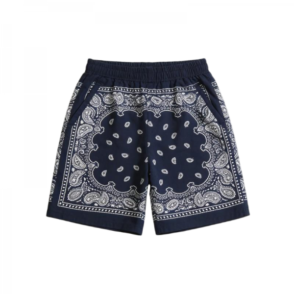 Navy Blue Bandana Print Elastic-Waist Shorts