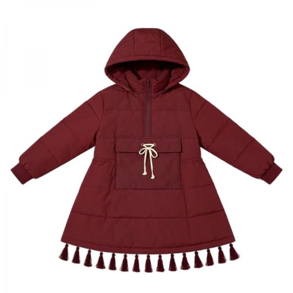 Burgundy Hooded Puffer Dress with Tassel Hem