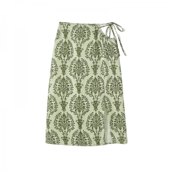 Olive Green Damask Print Midi Skirt with Side Tie