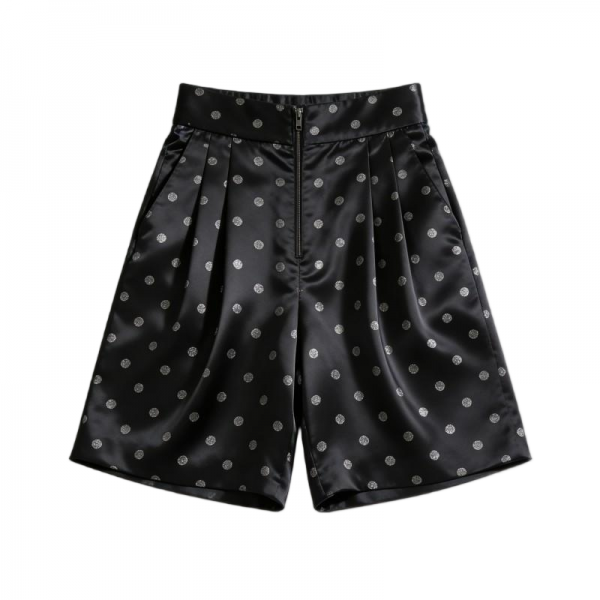 Black Satin Shorts with Silver Polka Dot Pattern