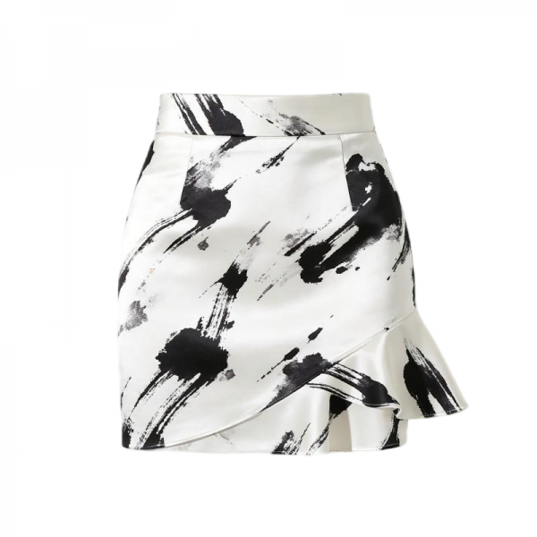 Black & White Ink Print Asymmetrical Ruffle Mini Skirt