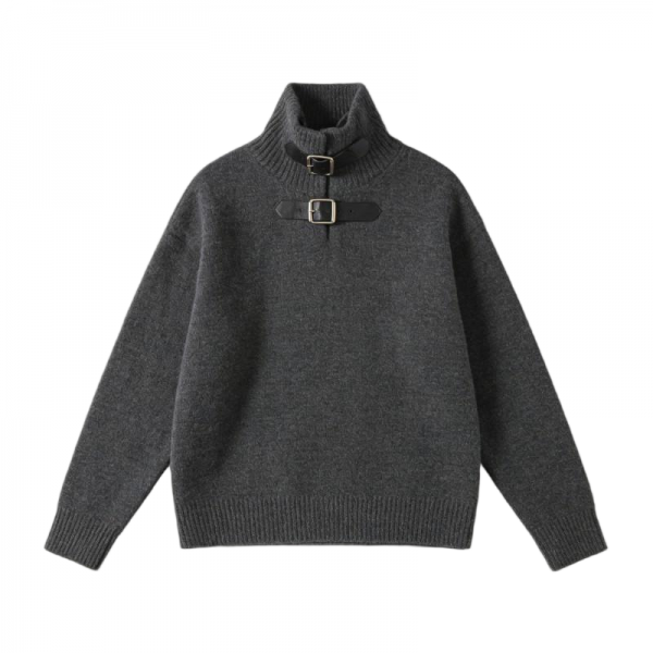 Gray Turtleneck Sweater with Black Leather Buckle Details