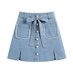 Light Blue Denim Mini Skirt with Pearl Buttons & Bow