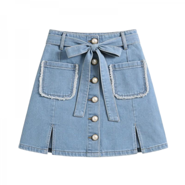 Light Blue Denim Mini Skirt with Pearl Buttons & Bow