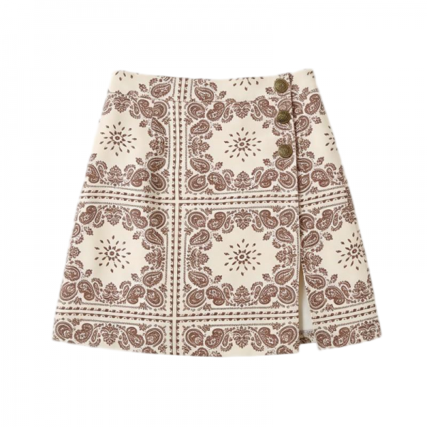 Beige & Brown Paisley Print Mini Skirt with Buttons