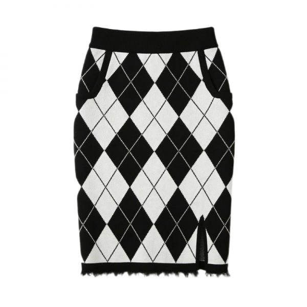 Black & White Argyle Knit Mini Skirt with Fringe Hem