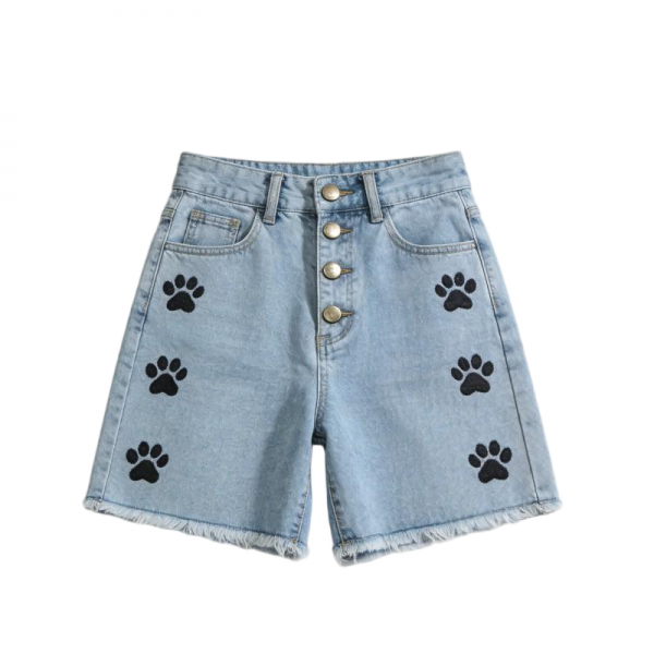 Light Blue Denim Shorts with Black Paw Print Embroidery