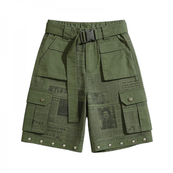 Olive Green Cargo Shorts with Newspaper Print & Belt