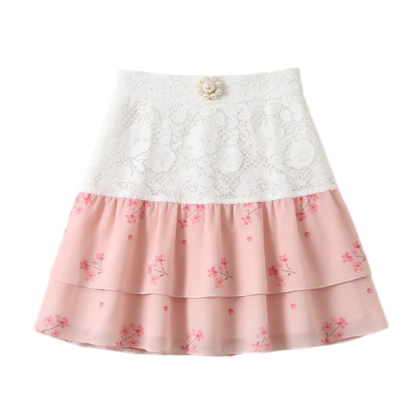 Pink & White Lace + Cherry Blossom Tiered Mini Skirt