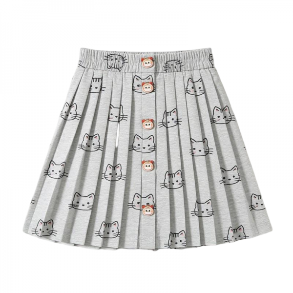 Gray Pleated Mini Skirt with Cat Print & Button Accents