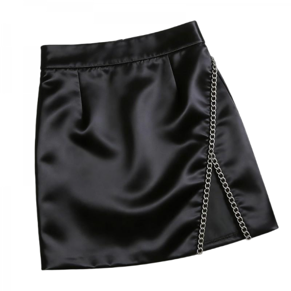 Black Satin Mini Skirt with Silver Chain Accent
