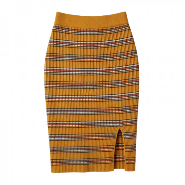 Mustard Yellow Striped Knit Midi Skirt with Side Slit