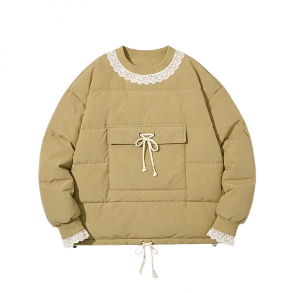 Khaki Puffer Jacket with White Lace Trim