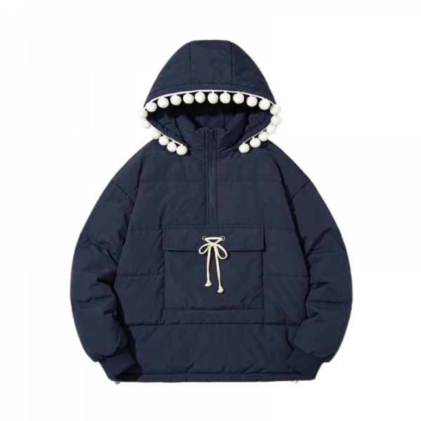Navy Blue Puffer Jacket with Pom-Pom Trim & Half-Zip