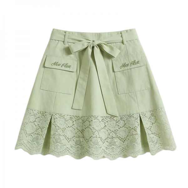 Mint Green Mini Skirt with Lace Hem & "Mew Fleur" Embroidery